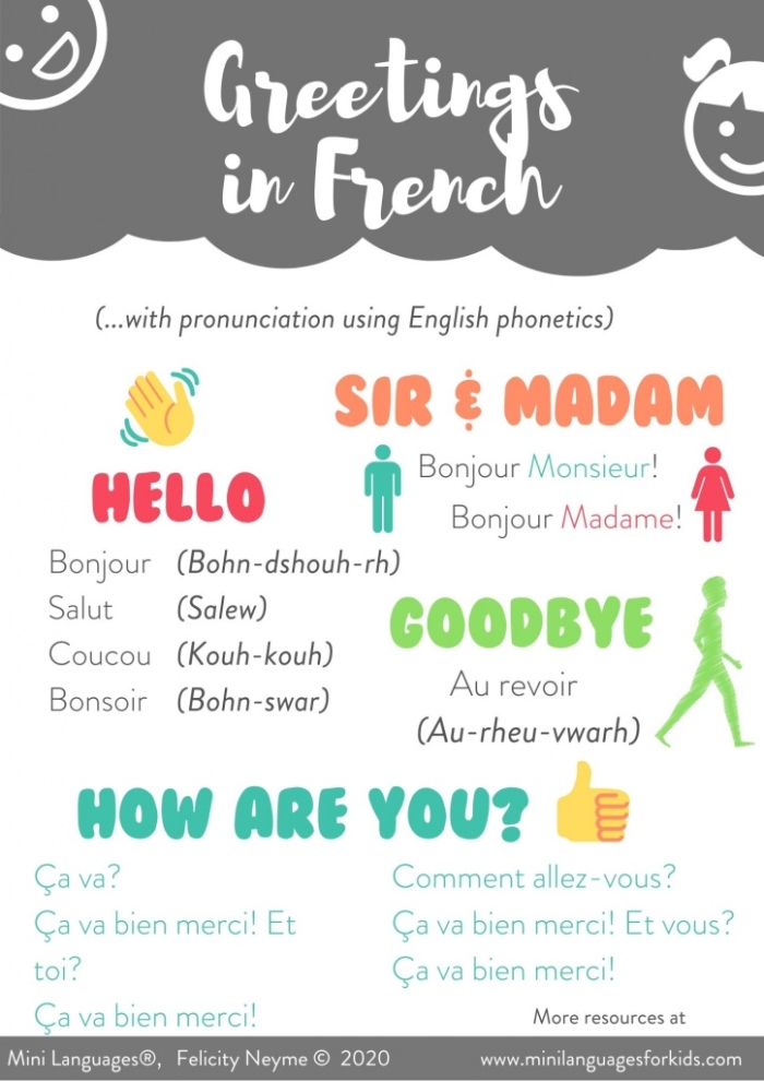 Fourth grade French worksheet showing Chris and Yannick teaching various greetings