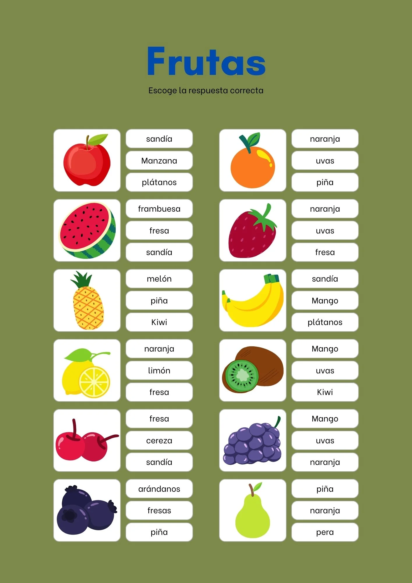 Interactive matching game to connect fruits with their Spanish names Fruits in Spanish worksheet for fourth graders to practice vocabulary
