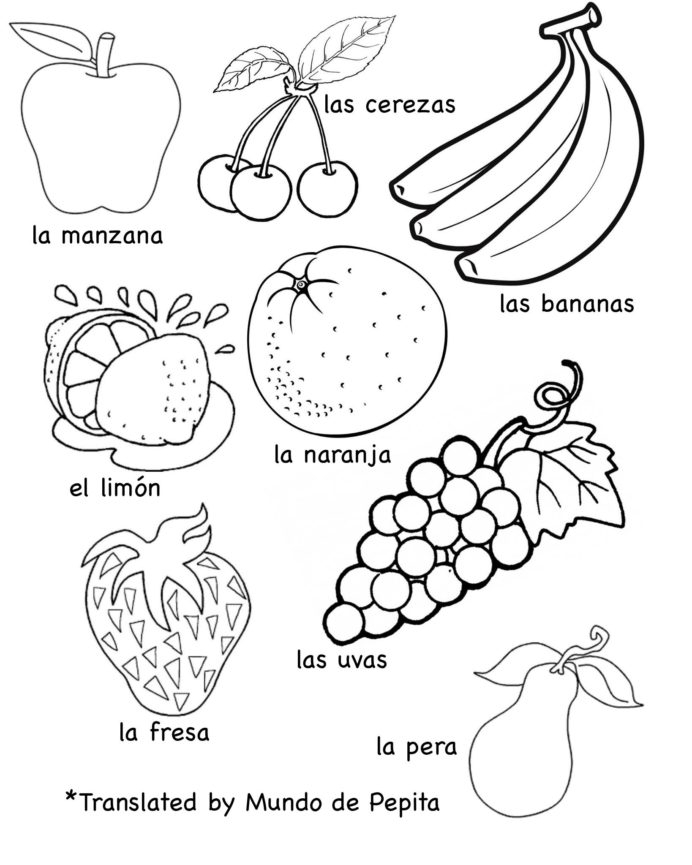 Engaging worksheet for learning Spanish fruit vocabulary in a fun way Colorful fruits displayed alongside their Spanish names for a fourth-grade worksheet