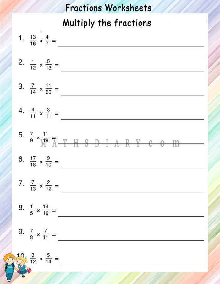 Colorful worksheet featuring simple fraction exercises to help kids learn and reduce fractions Cartoon characters engaging with simple fraction problems on a fun worksheet for fourth graders