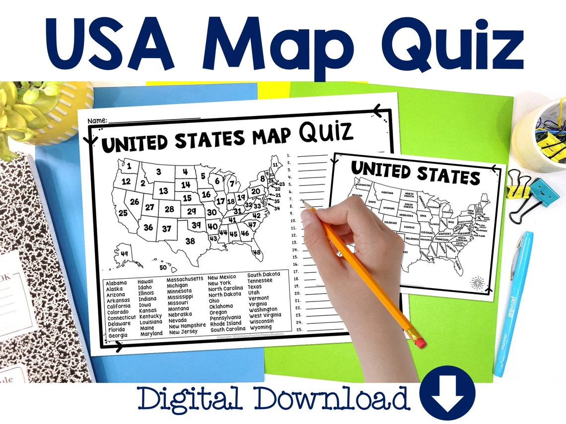 Printable 50 States Quiz worksheet for fourth graders studying geography