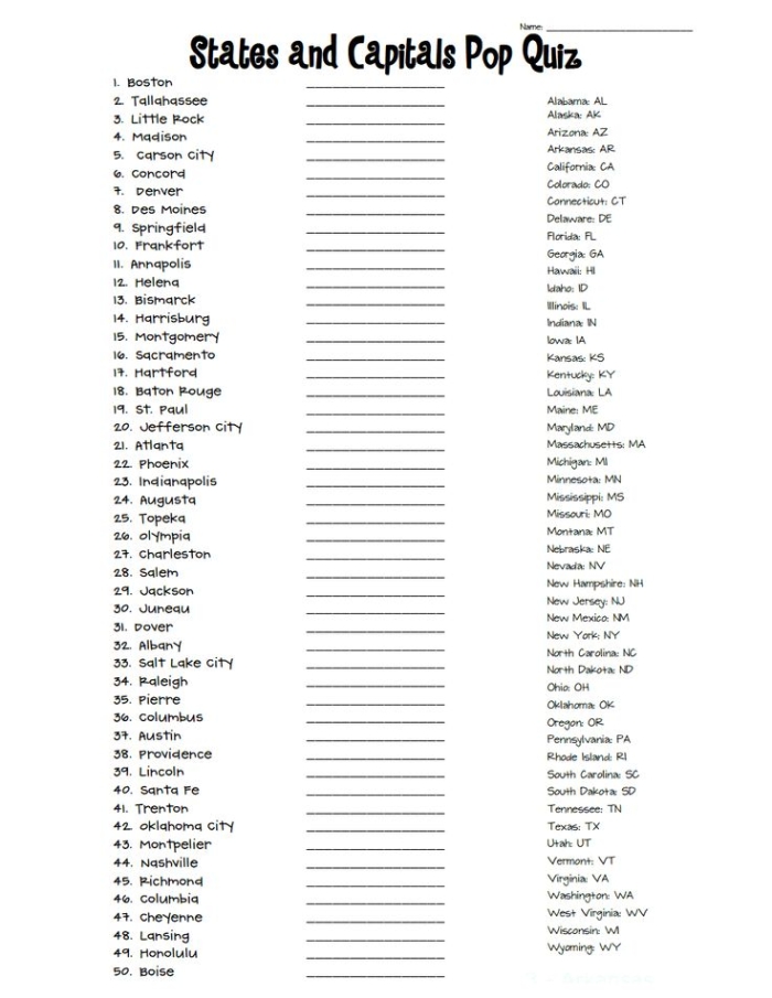 Fourth grade student completing a 50 states geography quiz worksheet