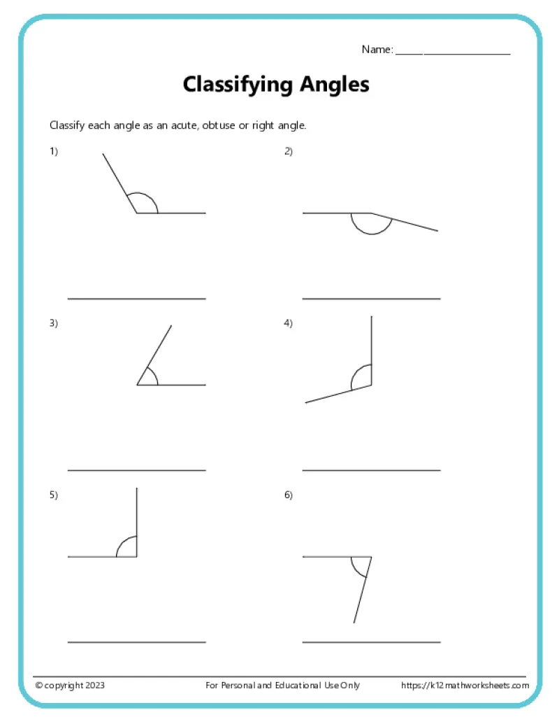 Worksheet featuring students measuring and classifying angles using protractors for geometry practice