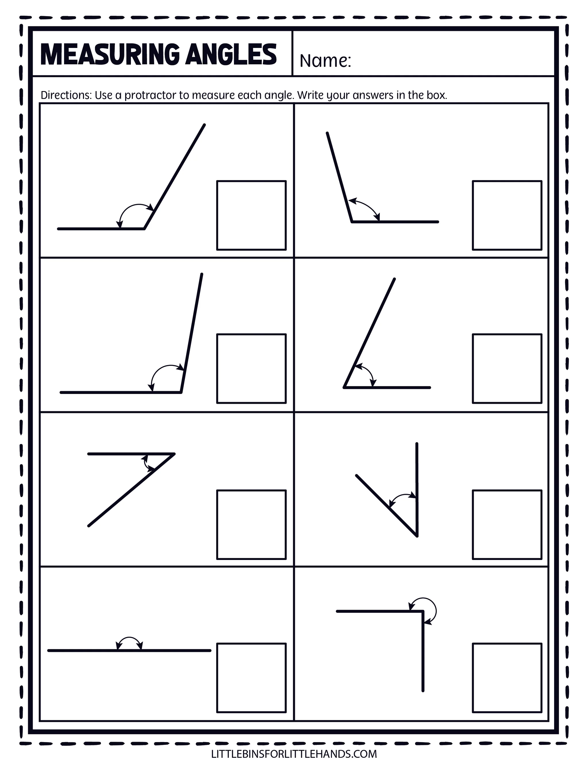 Worksheet for identifying different types of angles in geometry for fourth graders