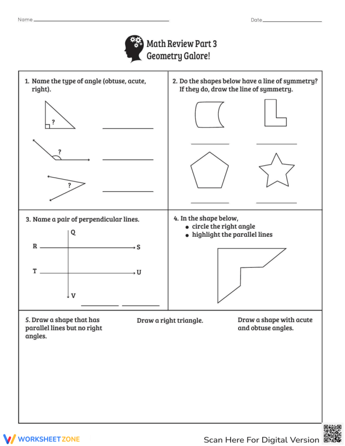 Fourth grade geometry assessment worksheet showing year-end review problems for angles, shapes, and spatial reasoning concepts