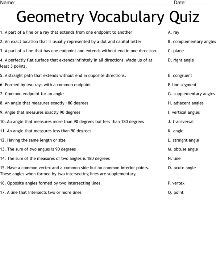 Educational resource for understanding geometry vocabulary: Lines, worksheet number 17 Glossary worksheet featuring key geometry vocabulary related to lines for fourth-grade students