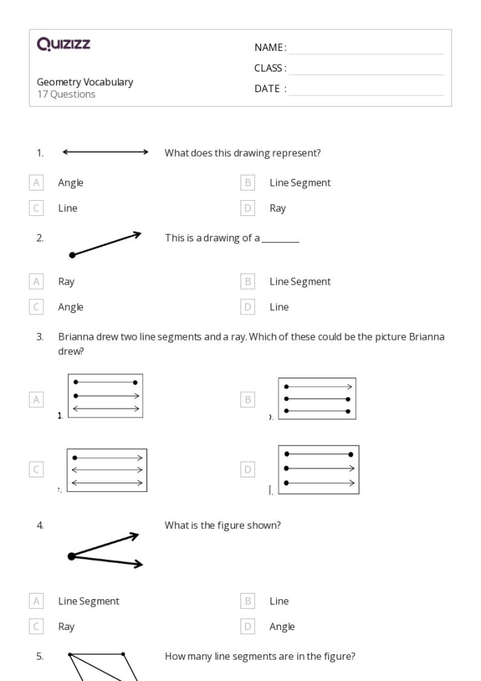 Fourth grade geometry vocabulary cards featuring illustrations and definitions of different types of lines