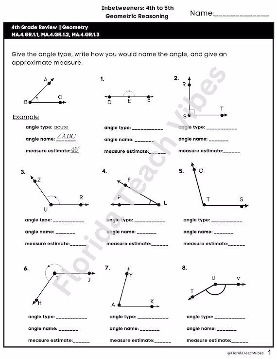 Fourth grade student working on a geometry assessment worksheet with shapes and angles