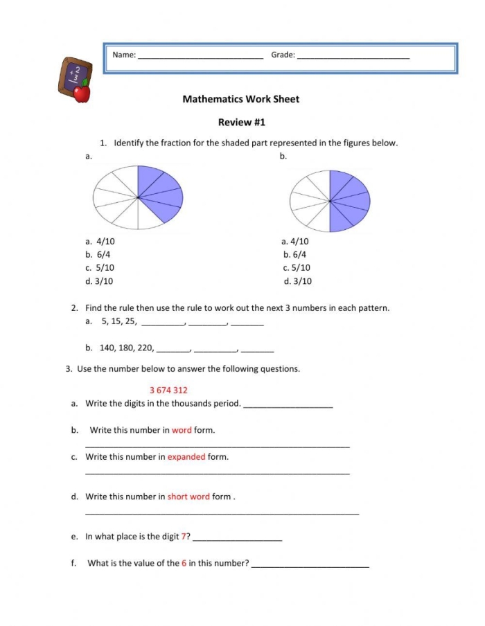 Math Mixed Review Part 1 Flying Through Fourth Grade worksheet page 2 with geometry and arithmetic practice problems Fourth grade math mixed review worksheet showing geometry problems and multi-digit subtraction exercises for student assessment