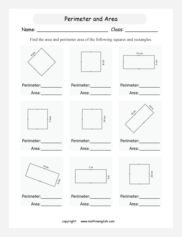 Fourth grade math worksheet featuring geometry exercises for calculating the area and perimeter of a rectangle