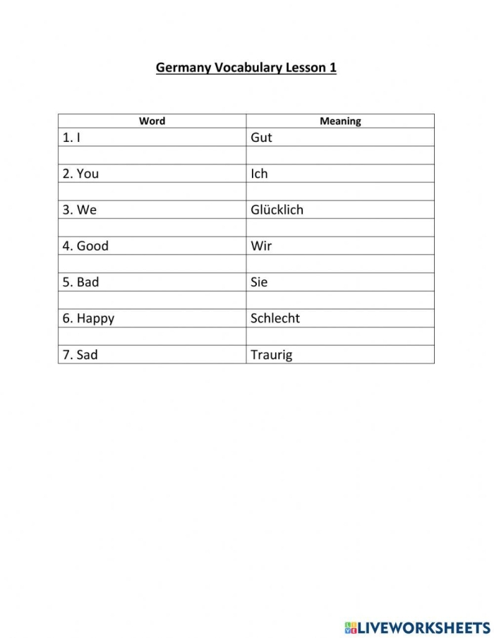 Mini dictionary resource for learning German vocabulary in a physical science context German Vocabulary worksheet for fourth graders featuring a mini English-to-German and German-to-English dictionary
