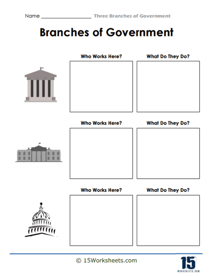 Fourth grade student worksheet showing a fill-in-the-blanks diagram of the three branches of U.S. government with spaces to label the executive, legislative, and judicial branches and their components