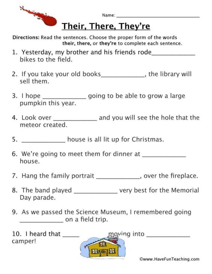 Grammar handout to aid students in mastering commonly confused words Worksheet illustrating the differences between there, their, and they're for fourth graders