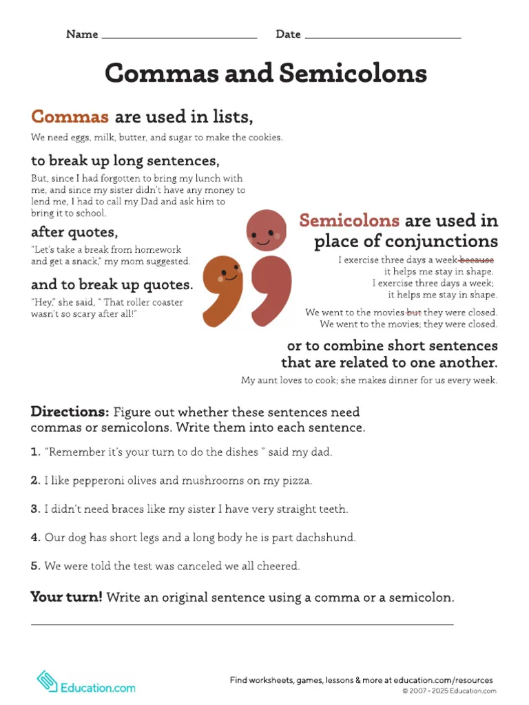 Engaging commas and semicolons activity sheet for reading skills Colorful grammar worksheet featuring commas and semicolons for fourth graders