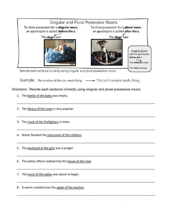 Worksheet focusing on making nouns possessive, designed for fourth graders. Make It Possessive: Singular & Plural Possessives exercise for enhancing grammar skills.