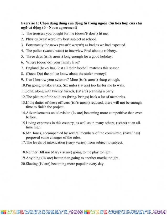 Noun and verb agreement worksheet for fourth graders to enhance grammar skills