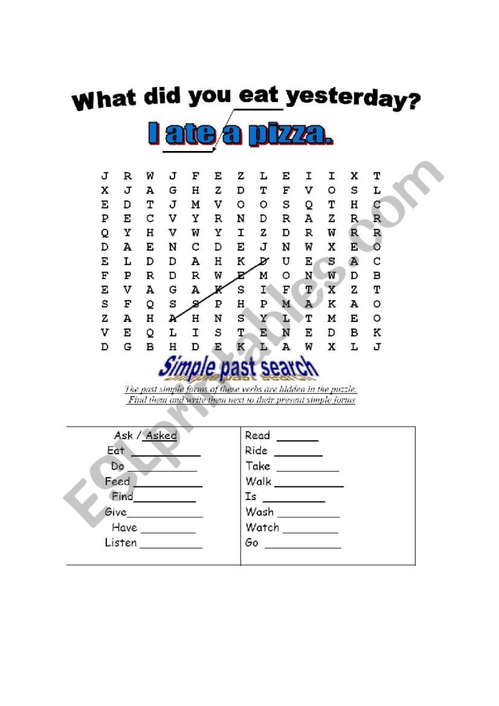 Colorful worksheet featuring a grammar puzzle focused on past tense verbs for fourth graders
