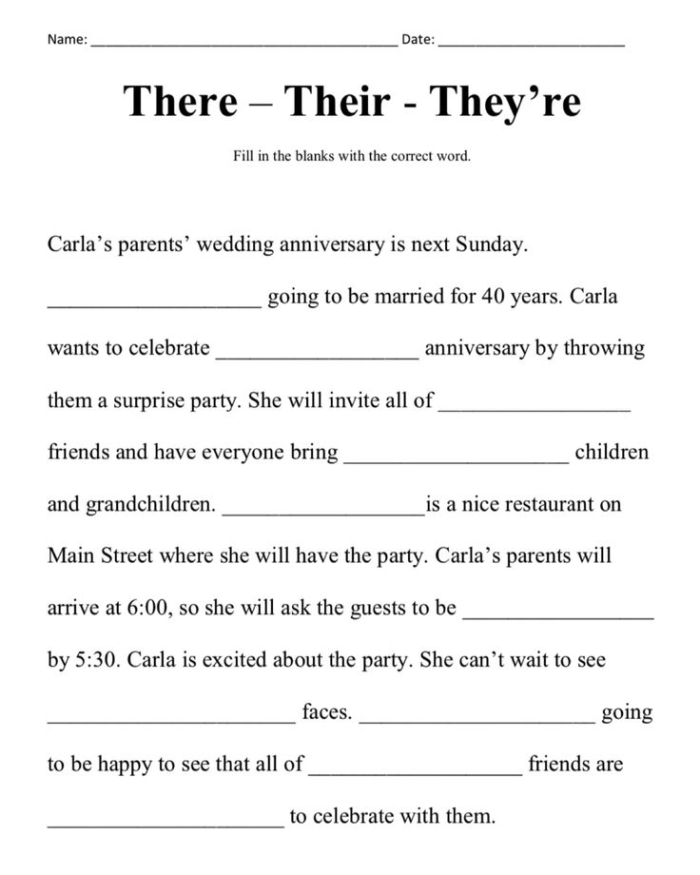 Grammar and Mechanics worksheet for Fourth Grade Grammar worksheet illustrating the distinctions between there, their, and they're for fourth graders. Educational handout focused on mastering grammar concepts for young learners.