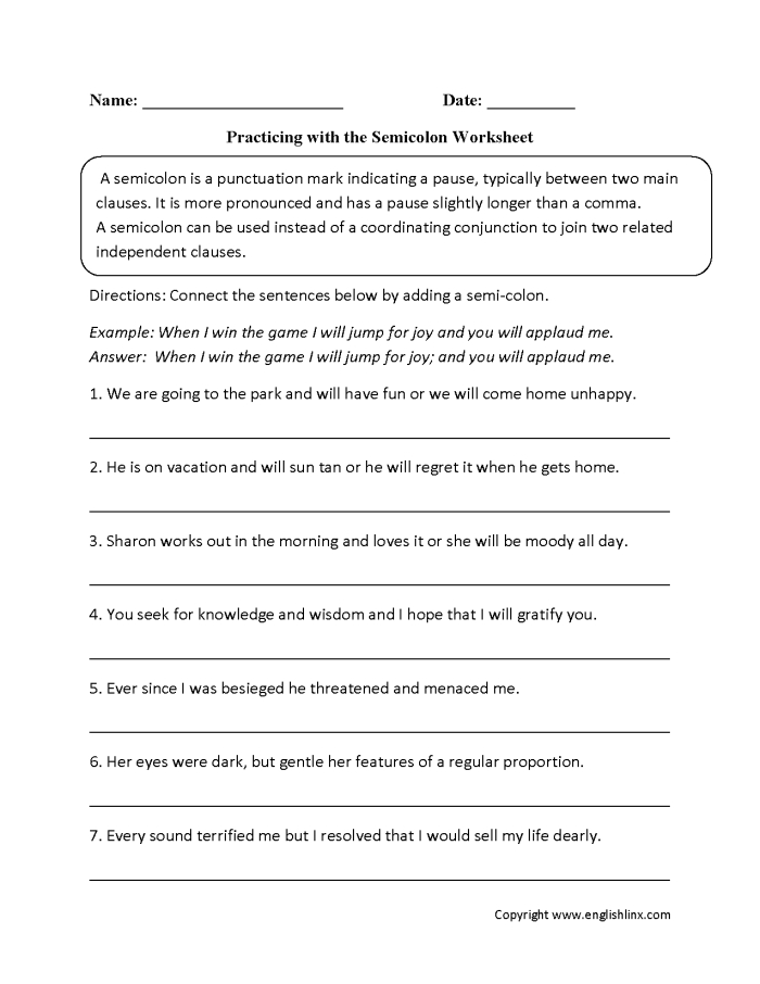 A colorful worksheet for practicing commas and semicolons in reading skills Commas and semicolons illustrated in an engaging fourth-grade grammar worksheet