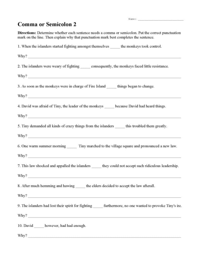 Engaging grammar worksheet focusing on the use of commas and semicolons Colorful worksheet featuring commas and semicolons for fourth graders' grammar practice