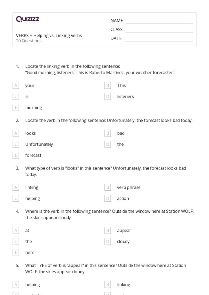Helping vs Linking Verbs Worksheet Activity Number Six Fourth grade student completing a worksheet on distinguishing between helping and linking verbs