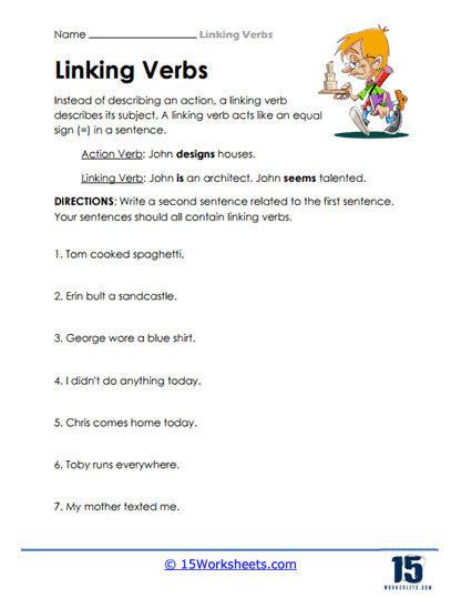 Interactive activity to enhance understanding of verb types Worksheet focused on helping and linking verbs for fourth-grade students