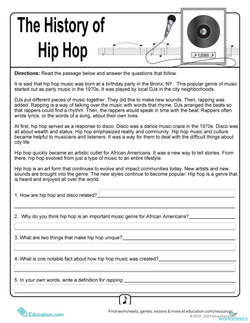 Fourth grade reading worksheet detailing the history of hip hop music for Black History Month