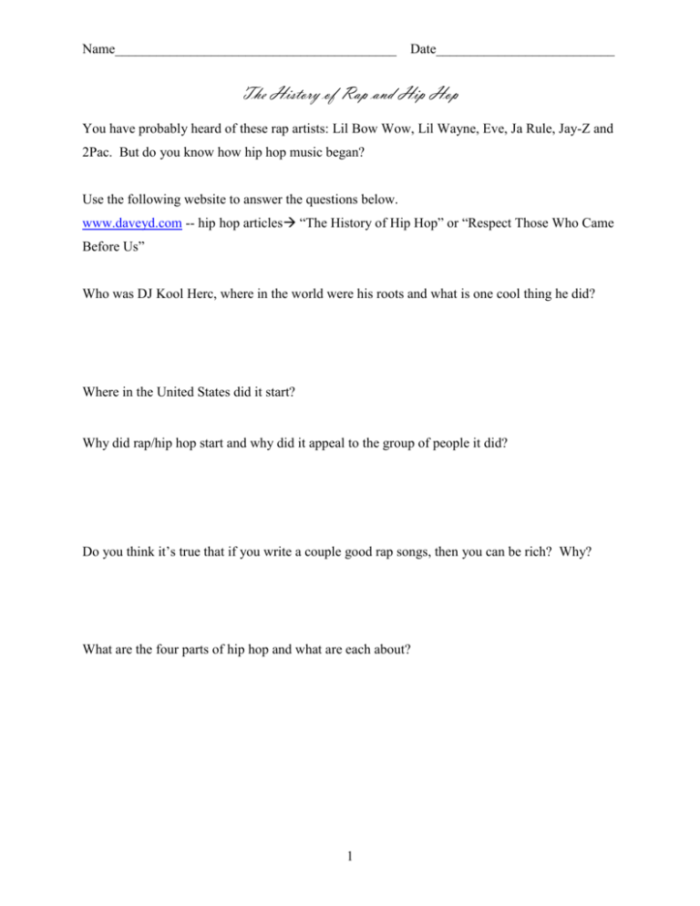 Engaging worksheet for fourth graders on the history of hip hop music and its cultural significance. Explore the roots of African-American contributions to pop music in this educational resource.