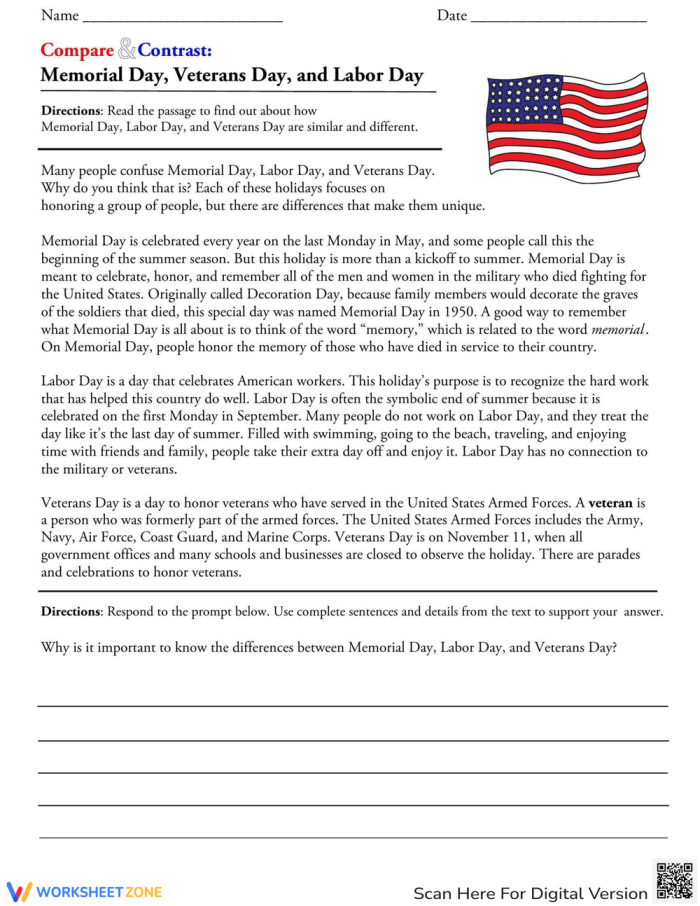 Reading comprehension activity on the differences and similarities of three holidays Worksheet for comparing Memorial Day, Labor Day, and Veterans Day for fourth graders