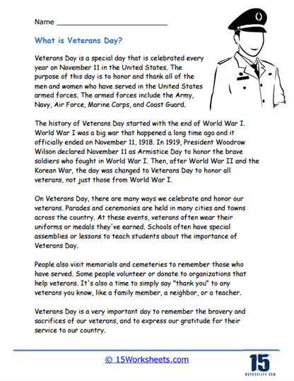 Reading comprehension worksheet on the similarities and differences of three important holidays Worksheet for comparing Memorial Day, Labor Day, and Veterans Day for fourth graders