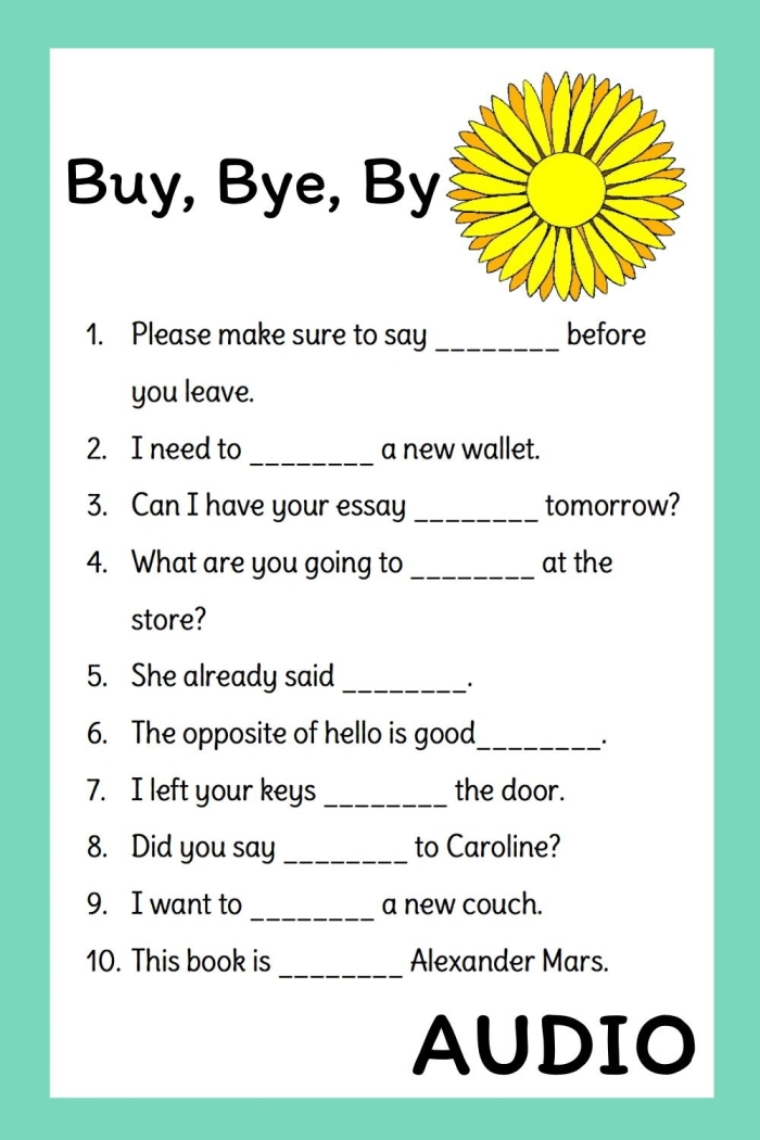Fourth grade homophone worksheet focused on the correct usage of by buy and bye
