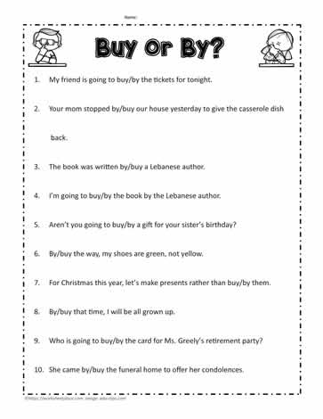 Fourth grade worksheet helping students distinguish between by, buy, and bye homophones