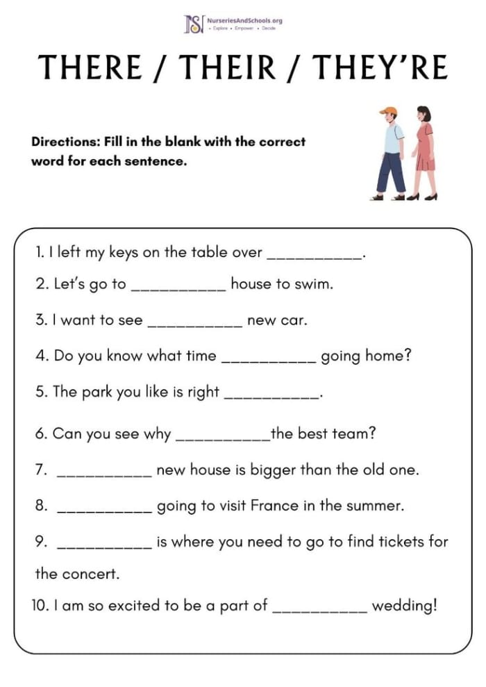 Practice their there and they are usage with this fourth grade vocabulary worksheet number ten Fourth grade worksheet featuring eight sentences for practicing the homophones their there and they are