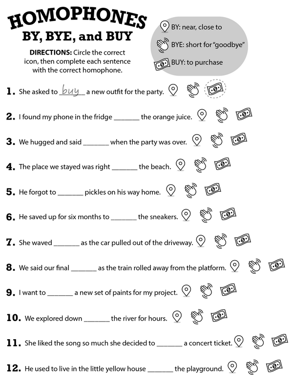 Worksheet helping fourth graders distinguish between by, buy, and bye homophones