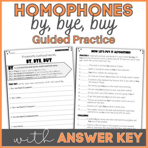 Worksheet for mastering the homophones by, buy, and bye for fourth graders