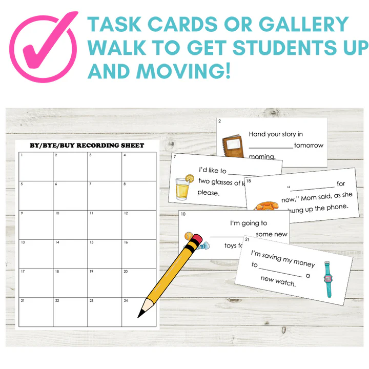 Worksheet for understanding the homophones by, buy, and bye for fourth graders