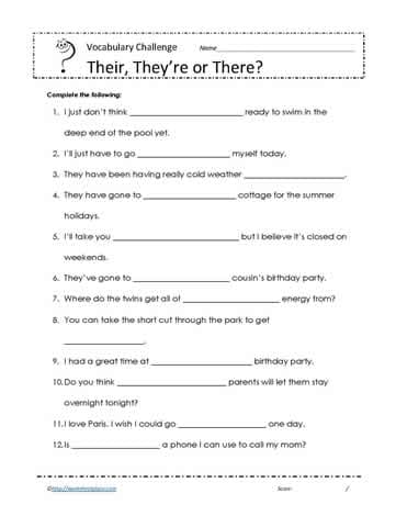 Practice exercise focusing on the correct usage of their there and they are for fourth grade vocabulary Fourth grade student completing a worksheet on the homophones their there and they are