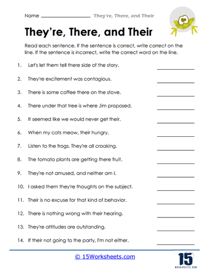 Engaging vocabulary worksheet for understanding homophones in context Worksheet featuring exercises on the homophones their, there, and they're for fourth graders