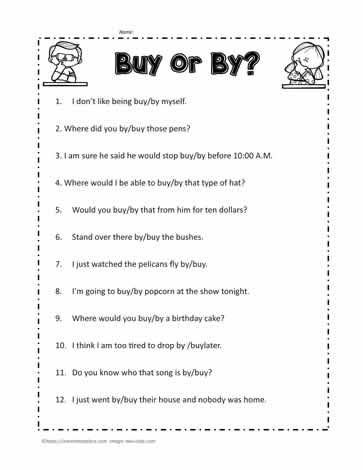 Fourth grade worksheet helping students distinguish between the homophones by buy and bye