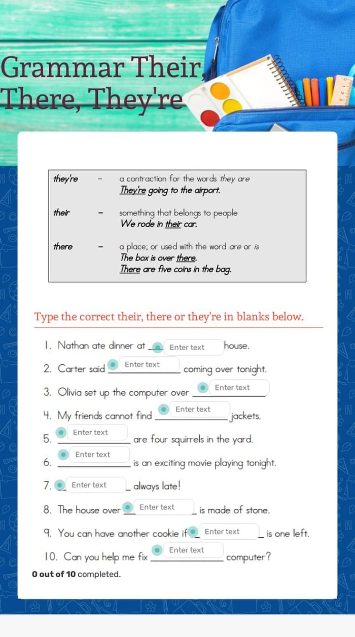 Interactive exercise to help students practice vocabulary with context clues Worksheet focusing on the homophones 'their', 'there', and 'they're' for fourth graders