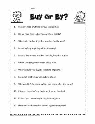 Fourth grade worksheet focusing on the correct usage of the homophones by buy and bye