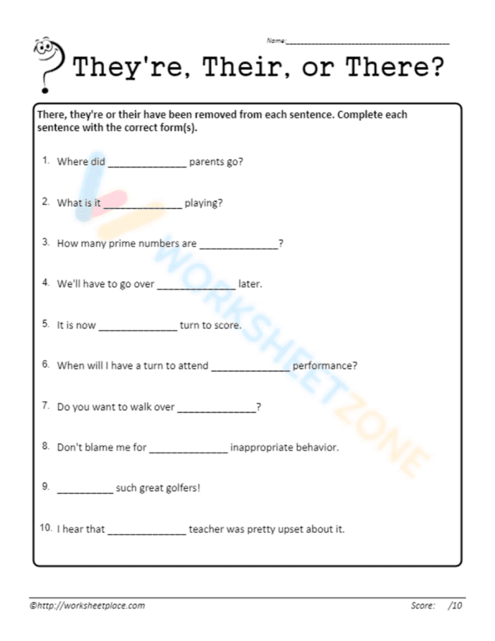 Grammar exercise sheet focusing on their there and they re usage for fourth grade students Fourth grade worksheet featuring eight sentences for practicing their there and they re homophones