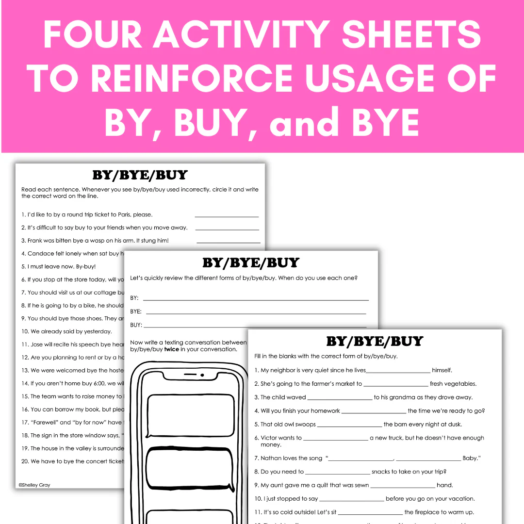 Worksheet featuring the homophones by, buy, and bye for fourth-grade subtraction practice
