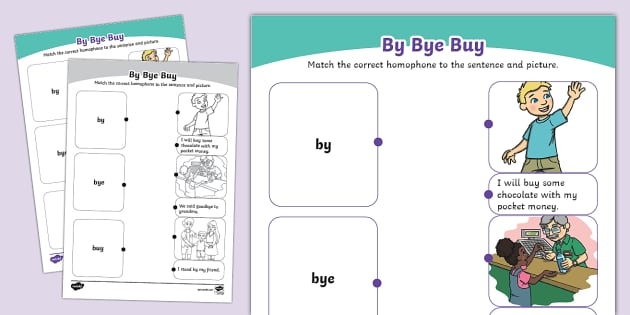 Fourth grade worksheet identifying the difference between by, buy, and bye homophones