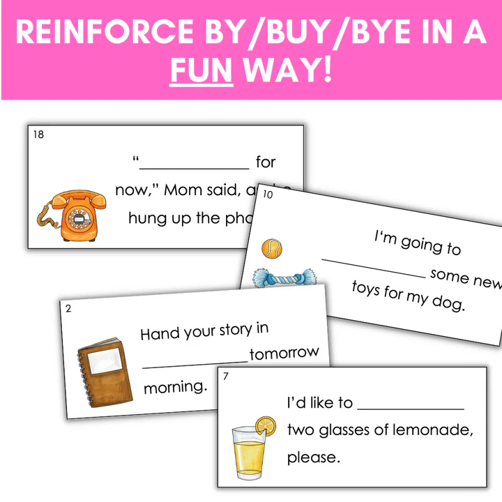 Worksheet for fourth graders on the homophones by, buy, and bye