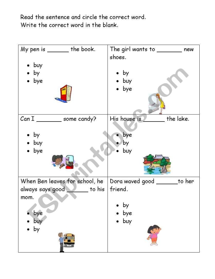 Fourth grade worksheet focusing on the correct usage of the homophones by, buy, and bye