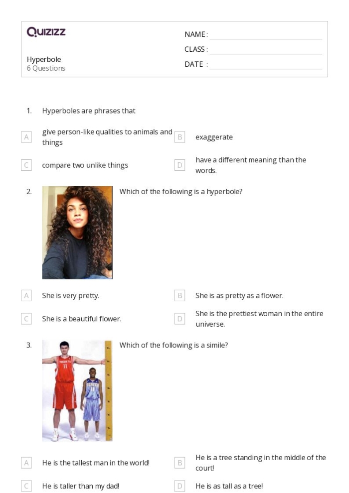 Fourth grade students identifying and writing creative exaggerations on an Examples of Hyperbole Part 2 worksheet