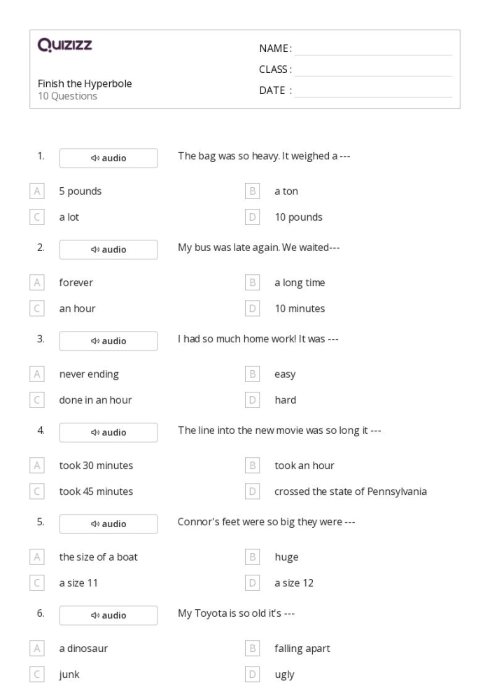 Having Fun with Hyperbole Writing Activity for Elementary Students Fourth grade students learning about hyperbole with exaggeration examples and writing activities on a worksheet