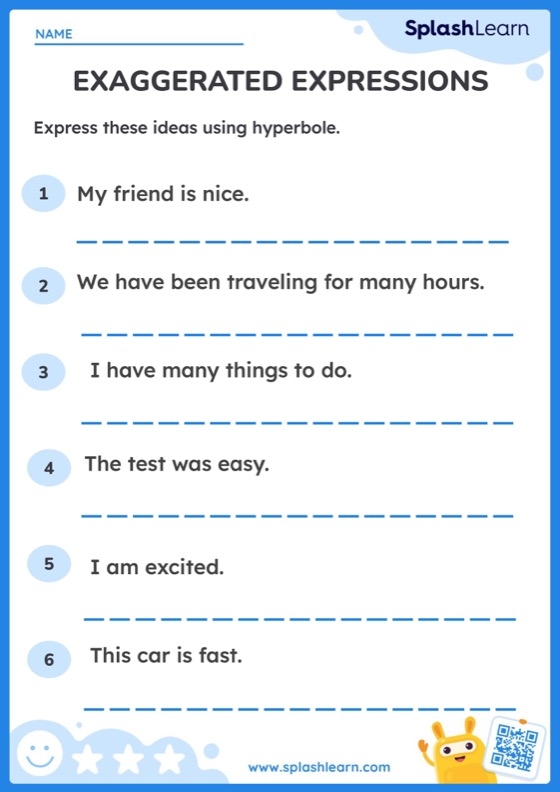 A fourth grade grammar worksheet featuring exercises on identifying and writing hyperbole examples