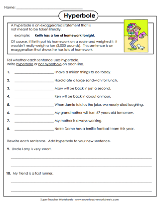 Worksheet featuring examples of hyperbole for fourth graders focusing on subtraction skills